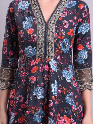 black cotton floral printed & embroidery work anarkali kurta with trousers & dupatta set 5