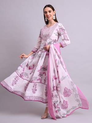 pink cotton floral printed & embroidery work anarkali kurta with trousers & dupatta set 1