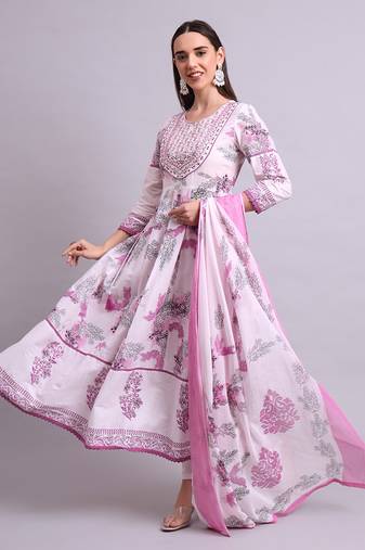 pink cotton floral printed & embroidery work anarkali kurta with trousers & dupatta set
