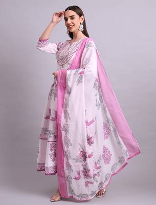 pink cotton floral printed & embroidery work anarkali kurta with trousers & dupatta set 2