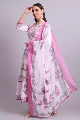 pink cotton floral printed & embroidery work anarkali kurta with trousers & dupatta set