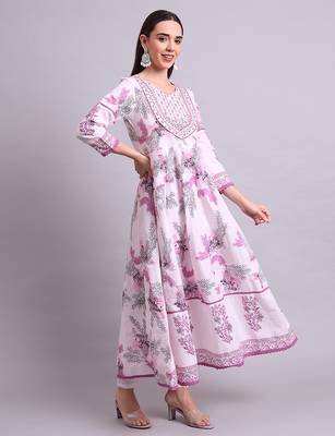pink cotton floral printed & embroidery work anarkali kurta with trousers & dupatta set 3