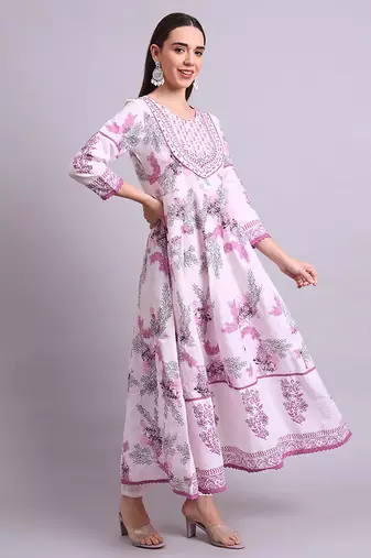 pink cotton floral printed & embroidery work anarkali kurta with trousers & dupatta set