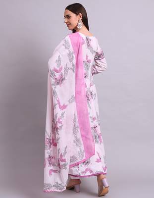 pink cotton floral printed & embroidery work anarkali kurta with trousers & dupatta set 4