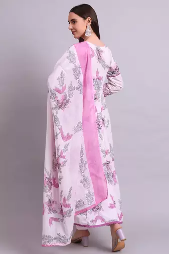 pink cotton floral printed & embroidery work anarkali kurta with trousers & dupatta set
