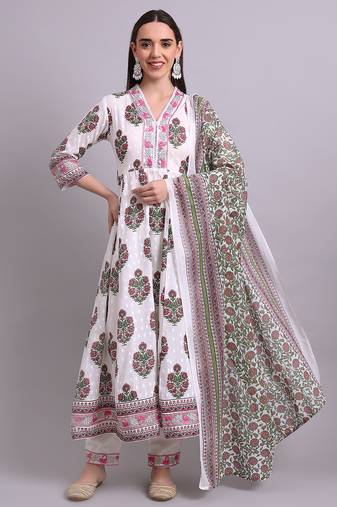off white cotton buta printed & embroidery work anarkali kurta with trousers & dupatta set