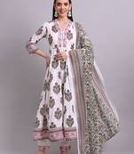 off white cotton buta printed & embroidery work anarkali kurta with trousers & dupatta set