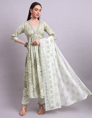 Light green cotton floral printed & embroidery work anarkali kurta with trousers & dupatta set 1
