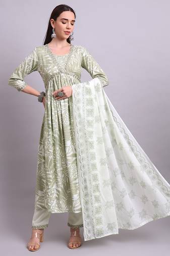 Light green cotton floral printed & embroidery work anarkali kurta with trousers & dupatta set