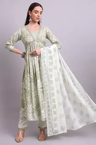 Light green cotton floral printed & embroidery work anarkali kurta with trousers & dupatta set