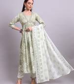 Light green cotton floral printed & embroidery work anarkali kurta with trousers & dupatta set