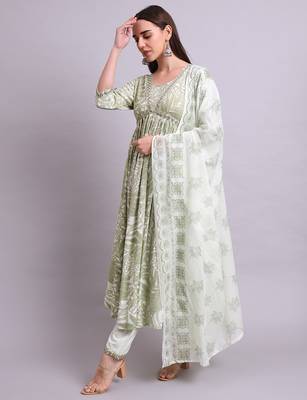 Light green cotton floral printed & embroidery work anarkali kurta with trousers & dupatta set 2