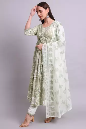 Light green cotton floral printed & embroidery work anarkali kurta with trousers & dupatta set