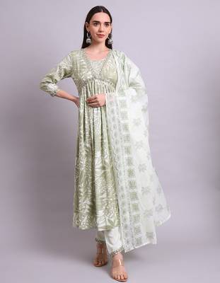 Light green cotton floral printed & embroidery work anarkali kurta with trousers & dupatta set 3