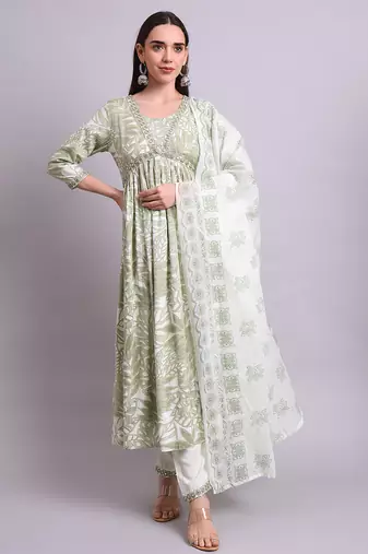 Light green cotton floral printed & embroidery work anarkali kurta with trousers & dupatta set