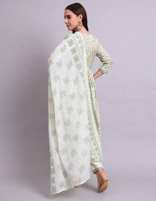 Light green cotton floral printed & embroidery work anarkali kurta with trousers & dupatta set 4