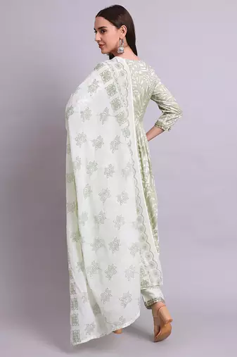 Light green cotton floral printed & embroidery work anarkali kurta with trousers & dupatta set