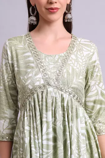 Light green cotton floral printed & embroidery work anarkali kurta with trousers & dupatta set