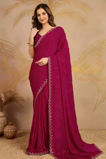 Silk Blend Zarkan Work Saree with Unstitched Blouse Piece