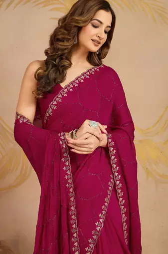 Silk Blend Zarkan Work Saree with Unstitched Blouse Piece