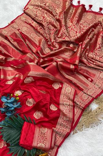 Red Color Hand Dyed Satin Silk Wedding Saree