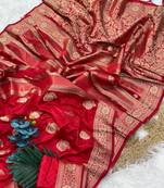 Red Color Hand Dyed Satin Silk Wedding Saree