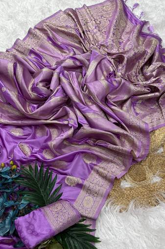 Lavender Color Hand Dyed Satin Silk Wedding Saree