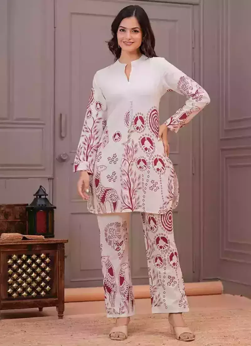 Off White Printed Cotton Flex Co-Ord Set