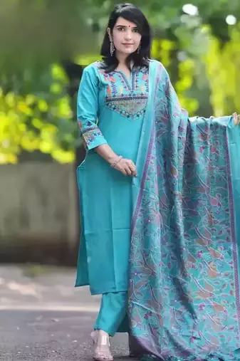 Sky Blue Embroidered Cotton Flex Kurta and Pant Set with Dupatta