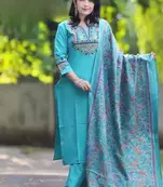 Sky Blue Embroidered Cotton Flex Kurta and Pant Set with Dupatta