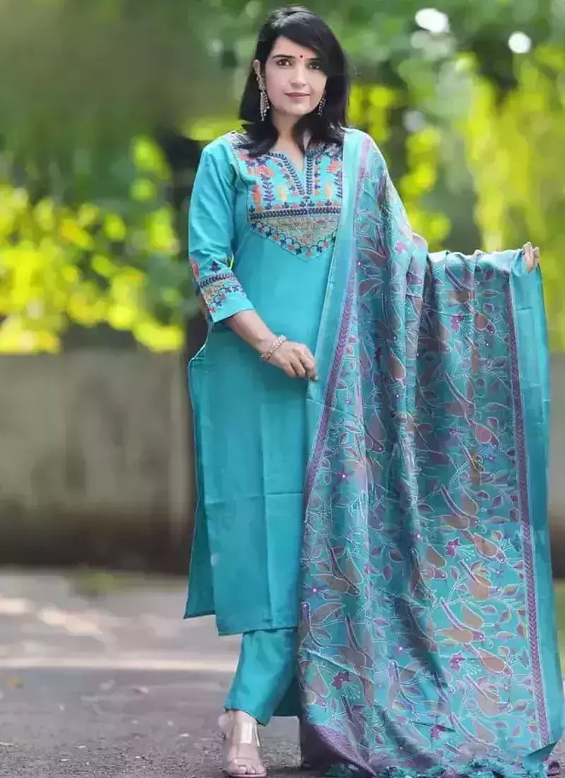 Sky Blue Embroidered Cotton Flex Kurta and Pant Set with Dupatta