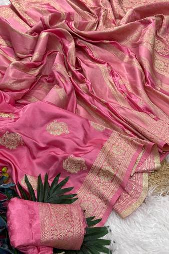 Pink Color Hand Dyed Satin Silk Wedding Saree