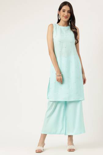 Women's embroidered rayon blue straright kurta sets