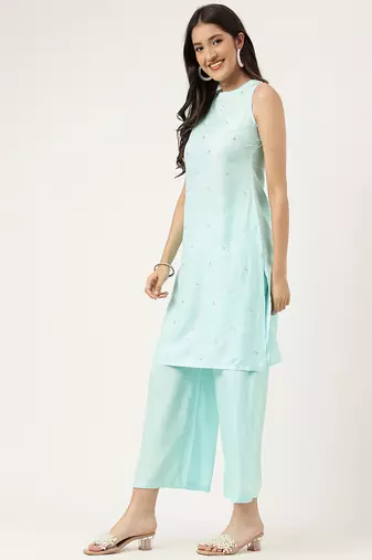 Women's embroidered rayon blue straright kurta sets