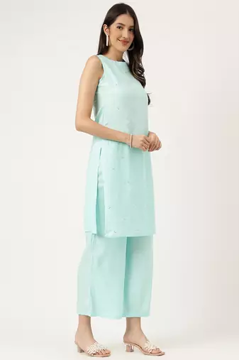 Women's embroidered rayon blue straright kurta sets