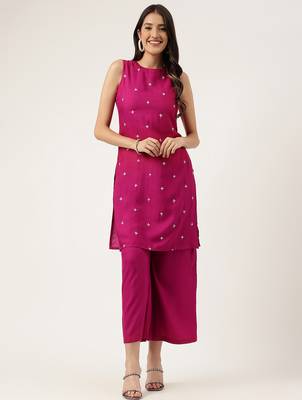 Women's embroidered rayon pink straright kurta sets 1