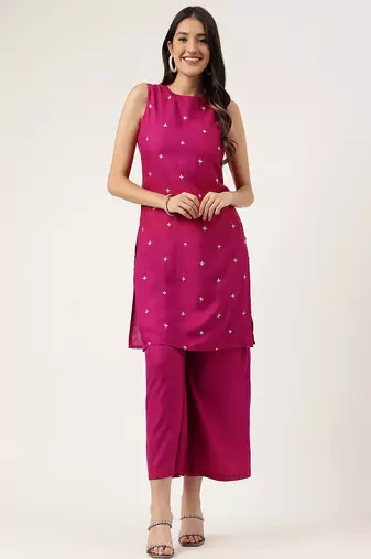 Women's embroidered rayon pink straright kurta sets