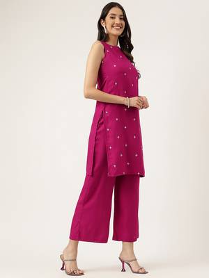 Women's embroidered rayon pink straright kurta sets 3