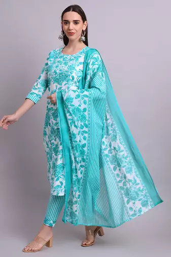 Sky blue cotton floral printed & embroidery work kurta with trousers & dupatta set