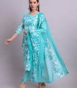 Sky blue cotton floral printed & embroidery work kurta with trousers & dupatta set