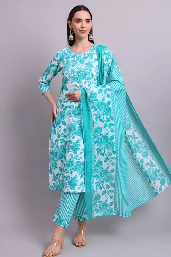 Sky blue cotton floral printed & embroidery work kurta with trousers & dupatta set