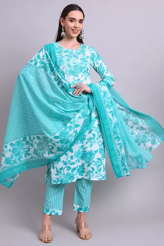 Sky blue cotton floral printed & embroidery work kurta with trousers & dupatta set