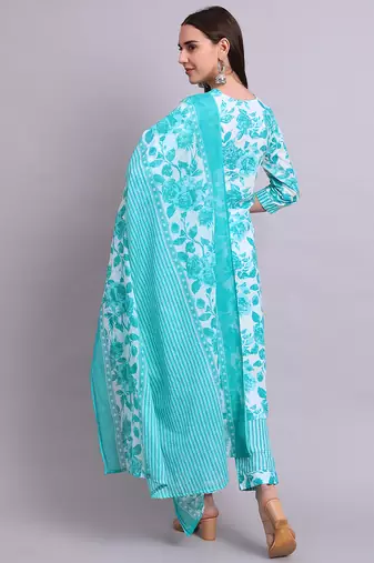 Sky blue cotton floral printed & embroidery work kurta with trousers & dupatta set