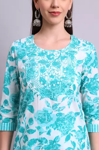 Sky blue cotton floral printed & embroidery work kurta with trousers & dupatta set