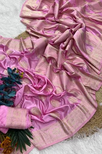 Light Pink Color Hand Dyed Satin Silk Wedding Saree