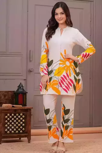 Off White Printed Cotton Flex Co-Ord Set