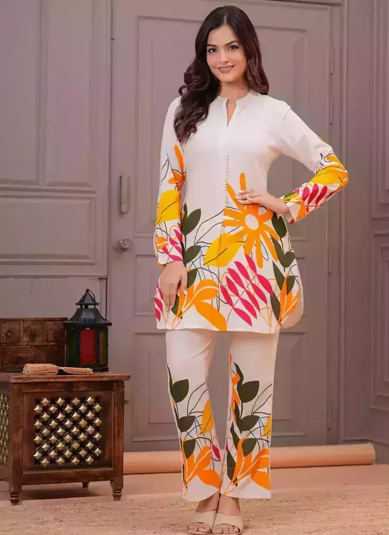 Off White Printed Cotton Flex Co-Ord Set