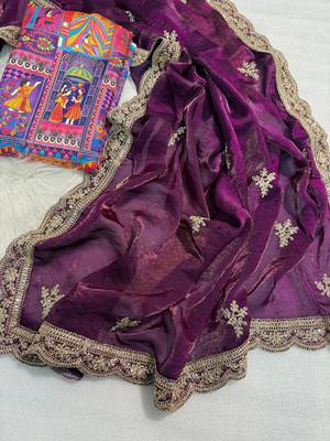 Purple Color Fendy Satin Silk Embroidered Saree 1