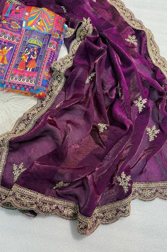 Purple Color Fendy Satin Silk Embroidered Saree