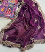 Purple Color Fendy Satin Silk Embroidered Saree